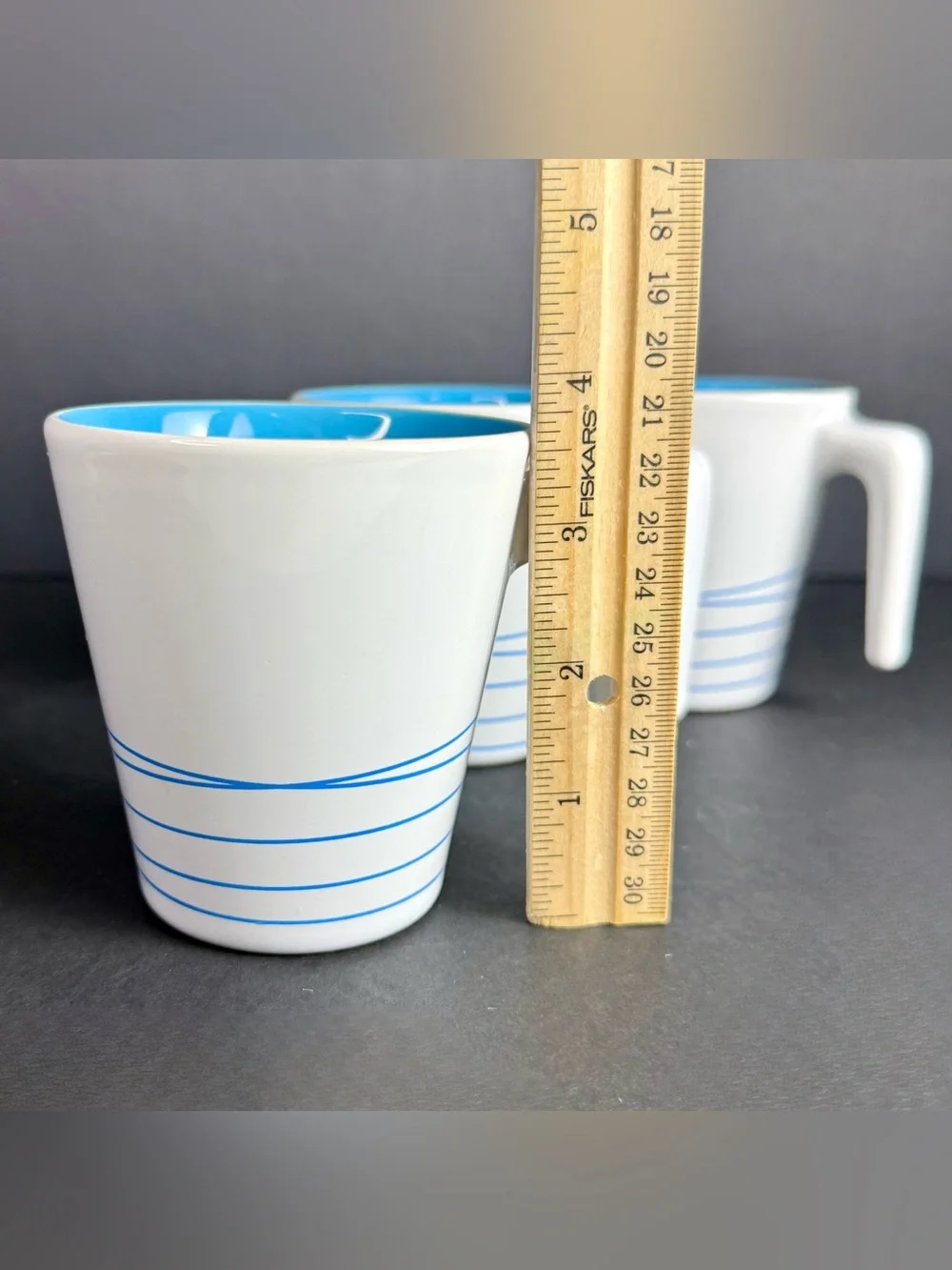 3 IKEA Hurrig Mugs White/Sky Blue Coffee Tea Cup Stackable Stick Handle Retired